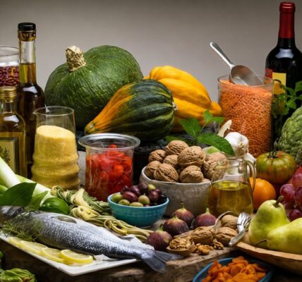 Mesa farta com alimentos da dieta mediterrânica incluindo peixe fresco, azeite de oliva, nozes, legumes, lentilhas, uvas e abóboras.