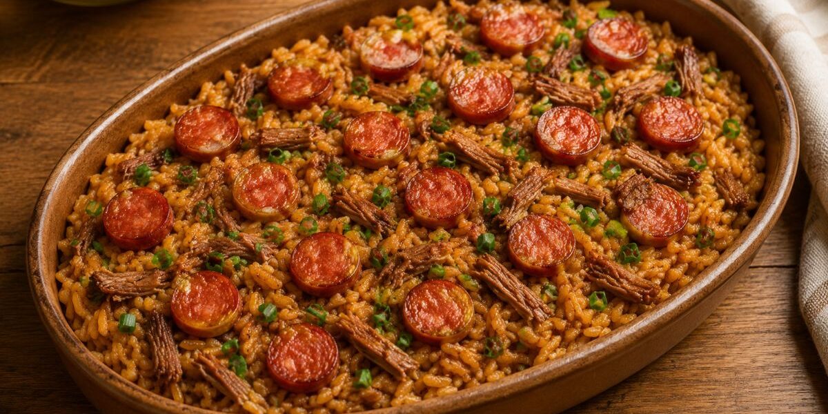 Uma assadeira de barro oval repleta de arroz de pato português, coberto com rodelas douradas de linguiça, carne de pato desfiada e cebolinha fresca picada sobre uma mesa de madeira rústica.