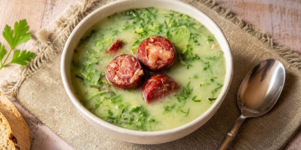 Uma tigela de cerâmica rústica cheia de caldo verde tradicional português sobre um pano de linho. O caldo é um creme de batata espesso de cor verde pálida misturado com tiras finas de couve verde escura. No topo da sopa estão três rodelas grossas e grelhadas de linguiça portuguesa defumada. Ao lado da tigela há uma colher de metal prateada e fatias de pão rústico em uma tábua de madeira ao fundo.
