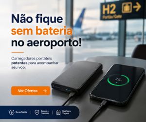 Carregador portátil conectado ao smartphone em mesa de aeroporto com área de embarque e avião ao fundo.