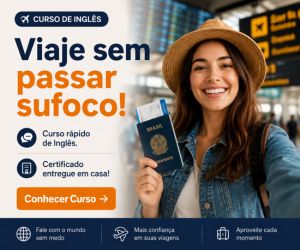 Mulher sorridente no aeroporto segurando passaporte brasileiro em anúncio de curso rápido de inglês para viagem.