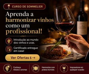 Mão segurando taça de vinho tinto perto de um prato refinado em anúncio de curso online de sommelier.