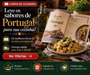 Livro de receitas portuguesas aberto mostrando bacalhau à Brás ao lado de prato servido e garrafa de azeite em anúncio da Amazon.