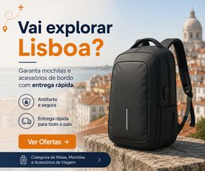 Mochila de bordo preta antifurto para viagem com paisagem de Lisboa ao fundo e chamada para ofertas de acessórios de bordo.