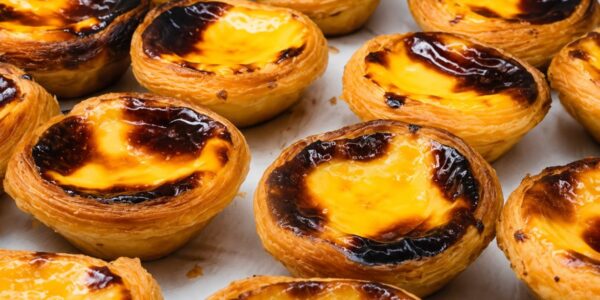 Vários pastéis de nata artesanais dispostos sobre papel manteiga, exibindo casca de massa folhada dourada e crocante com recheio de creme de ovos caramelizado no topo, ideais para sobremesa.