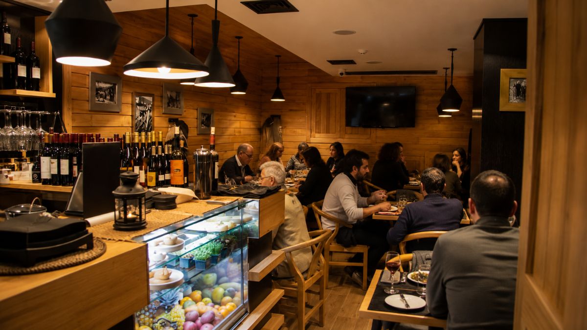 Salão aconchegante do restaurante Barrosã com paredes de madeira, iluminação acolhedora, bar de vinhos e clientes fazendo refeição.