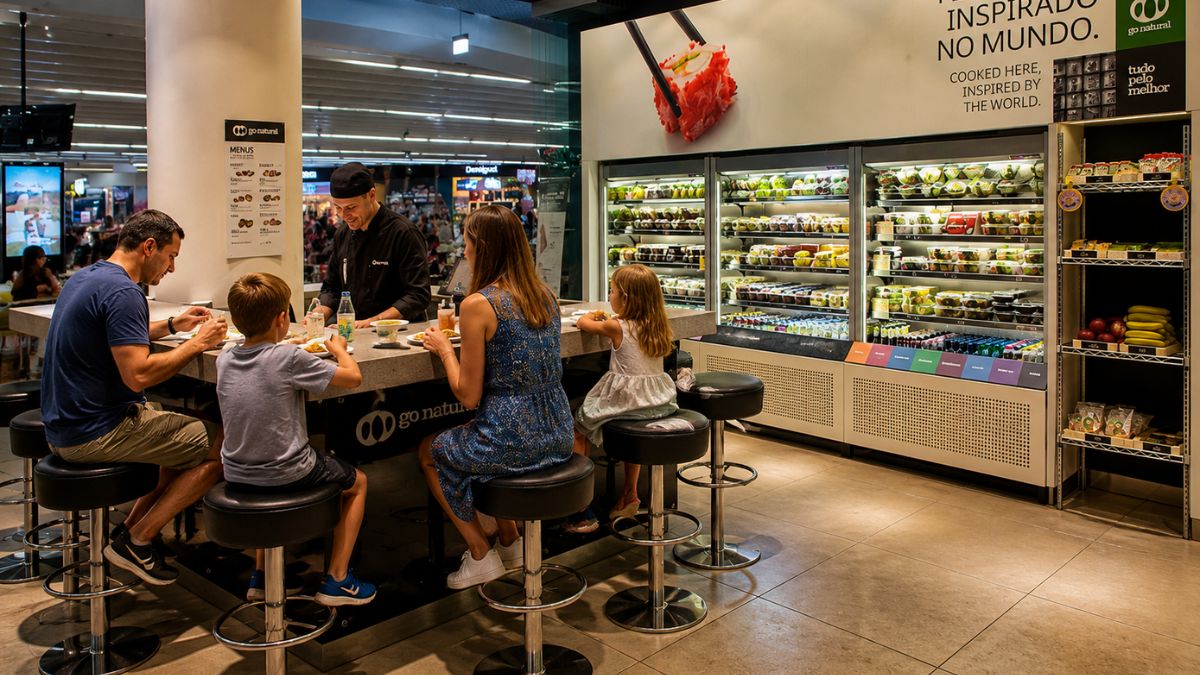 Família fazendo refeição no balcão do restaurante Go Natural no Terminal 1 do Aeroporto de Lisboa com vitrines de comida saudável ao fundo.