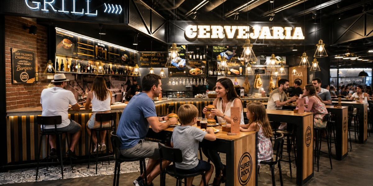 Família fazendo uma refeição em mesa de madeira no restaurante O Mercado, uma cervejaria com balcão de churrasco no Aeroporto de Lisboa.