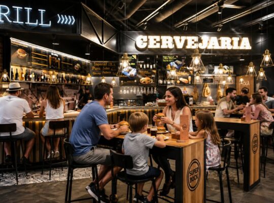 Família fazendo uma refeição em mesa de madeira no restaurante O Mercado, uma cervejaria com balcão de churrasco no Aeroporto de Lisboa.