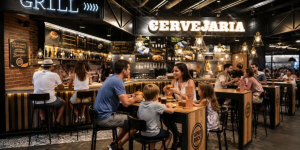 Família fazendo uma refeição em mesa de madeira no restaurante O Mercado, uma cervejaria com balcão de churrasco no Aeroporto de Lisboa.