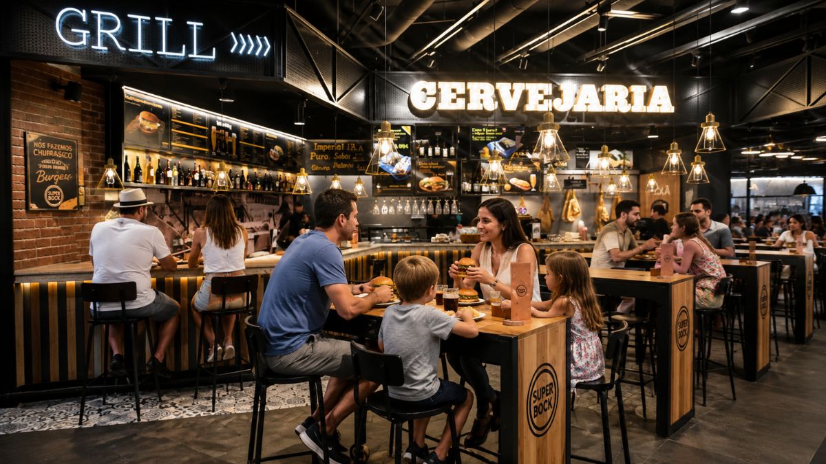 Família fazendo uma refeição em mesa de madeira no restaurante O Mercado, uma cervejaria com balcão de churrasco no Aeroporto de Lisboa.