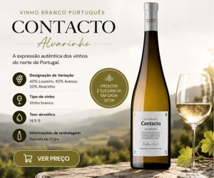 Infográfico publicitário do vinho branco português Contacto Alvarinho. À direita, uma garrafa do vinho e uma taça cheia repousam sobre um muro de pedra com vinhedos ao fundo. À esquerda, textos informam as uvas Loureiro, Avesso e Alvarinho, teor alcoólico de 14,5 por cento, garrafa de vidro e um botão escrito ver preço.