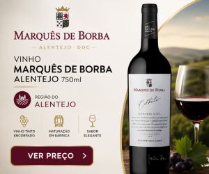 Garrafa de vinho tinto português Marquês de Borba Alentejo DOC ao lado de uma taça cheia e uvas frescas com vinhedos ao fundo.