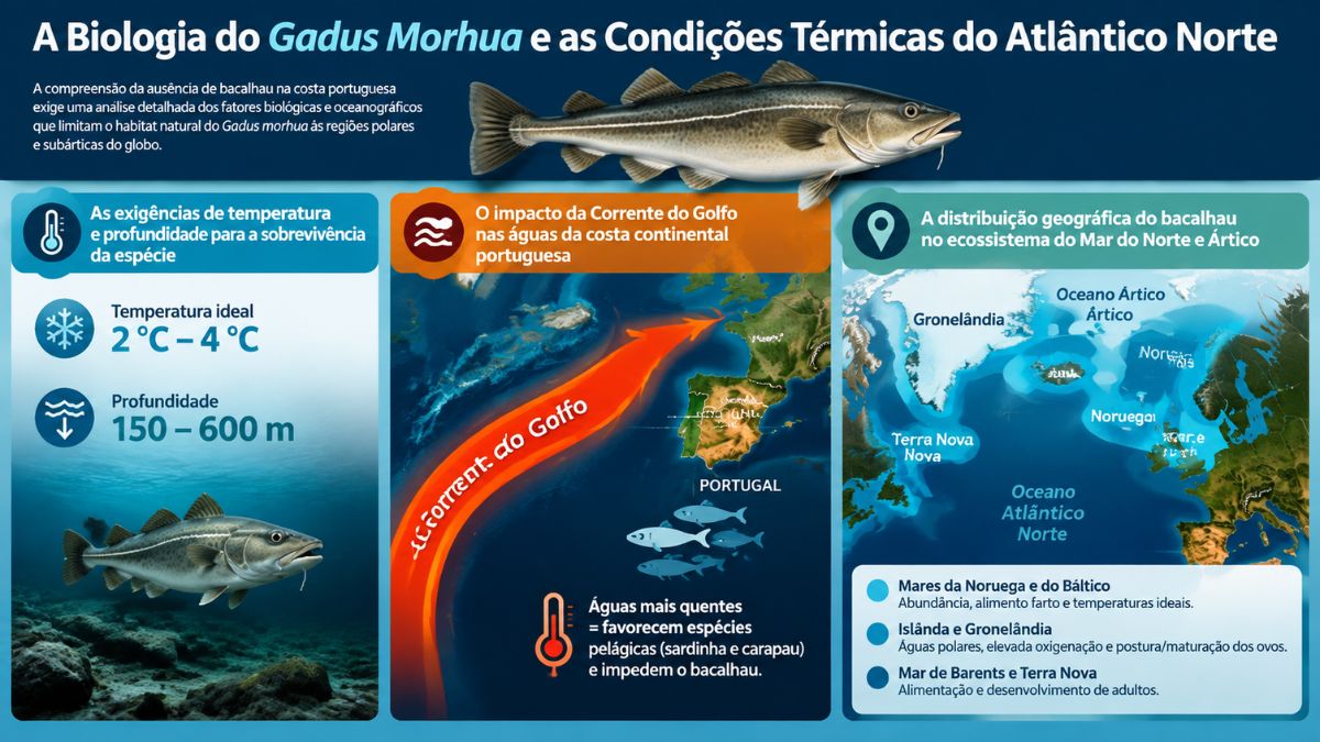 Infográfico explicativo sobre a biologia do bacalhau Gadus morhua, mostrando exigências de temperatura entre 2 °C e 4 °C, o impacto da Corrente do Golfo na costa de Portugal e o mapa de distribuição geográfica no Oceano Atlântico Norte.