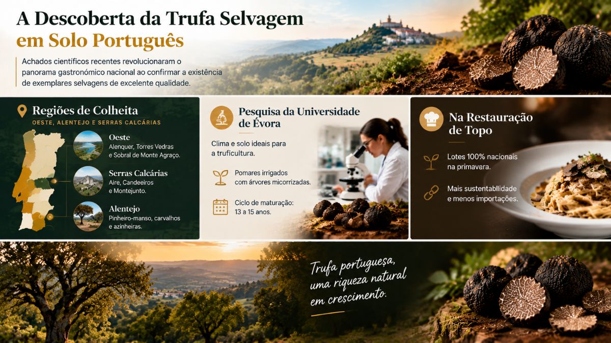 Infográfico explicativo sobre A Descoberta da Trufa Selvagem em Solo Português mostrando as regiões de colheita no Oeste, Alentejo e Serras Calcárias, além da pesquisa da Universidade de Évora e aplicação na restauração de topo.