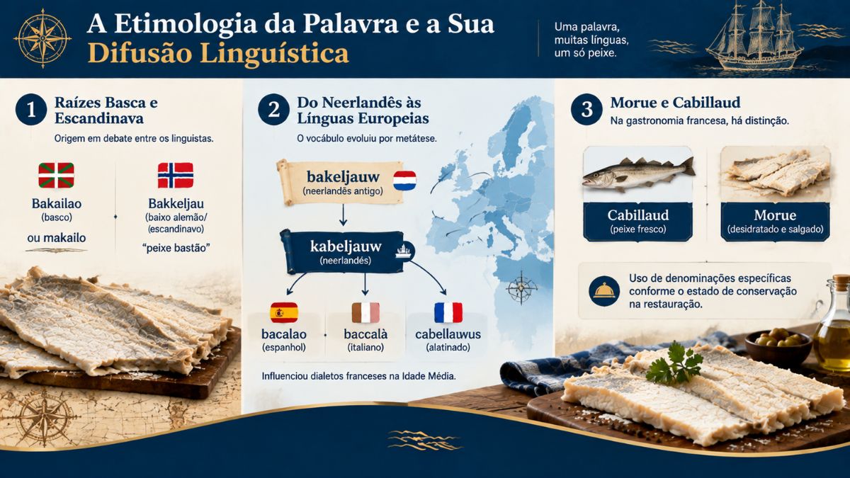 Infográfico sobre a etimologia e difusão linguística da palavra bacalhau. A primeira coluna aborda as raízes no basco bakailao e no escandinavo bakkeljau. A segunda coluna mostra a evolução a partir do neerlandês antigo bakeljauw para kabeljauw, originando variações como bacalao em espanhol, baccalà em italiano e cabellauwus. A terceira coluna explica a distinção na gastronomia francesa entre cabillaud para o peixe fresco e morue para o peixe seco e salgado.