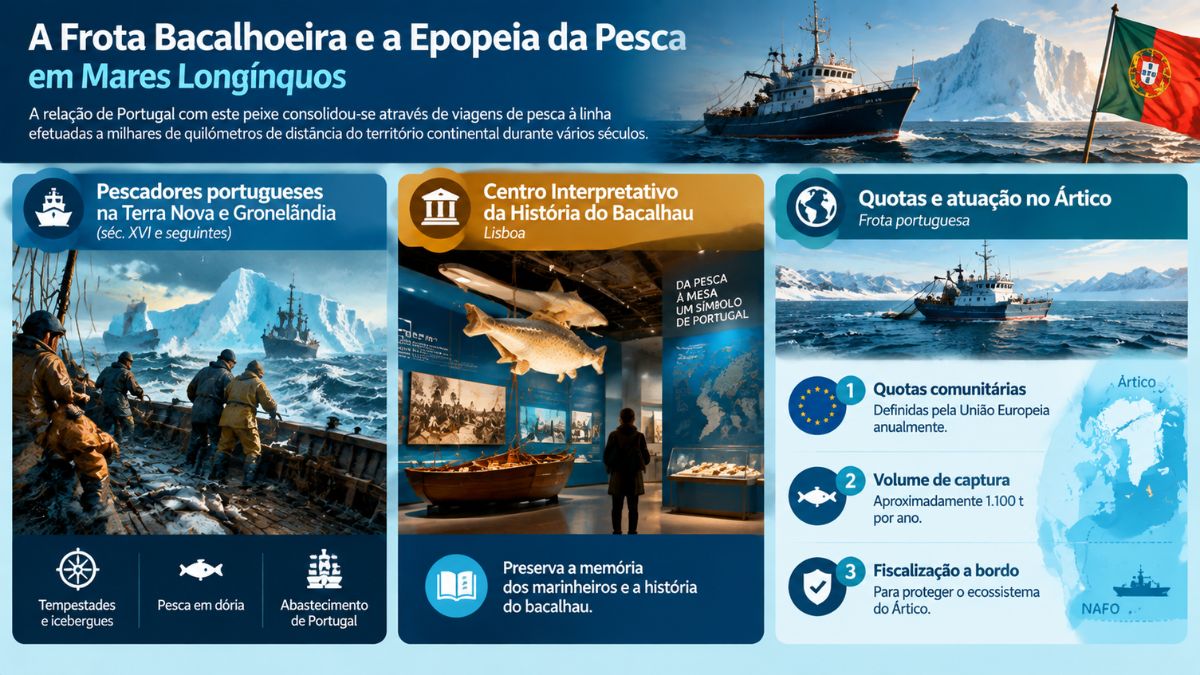 Infográfico sobre a frota bacalhoeira de Portugal, mostrando a pesca na Terra Nova e Gronelândia, o Centro Interpretativo em Lisboa e as quotas no Ártico.