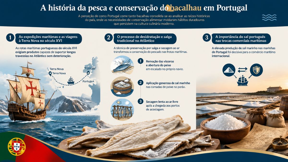 Infográfico explicativo sobre a história da pesca do bacalhau em Portugal, destacando as expedições à Terra Nova, a técnica de salga no Atlântico e a produção de sal.