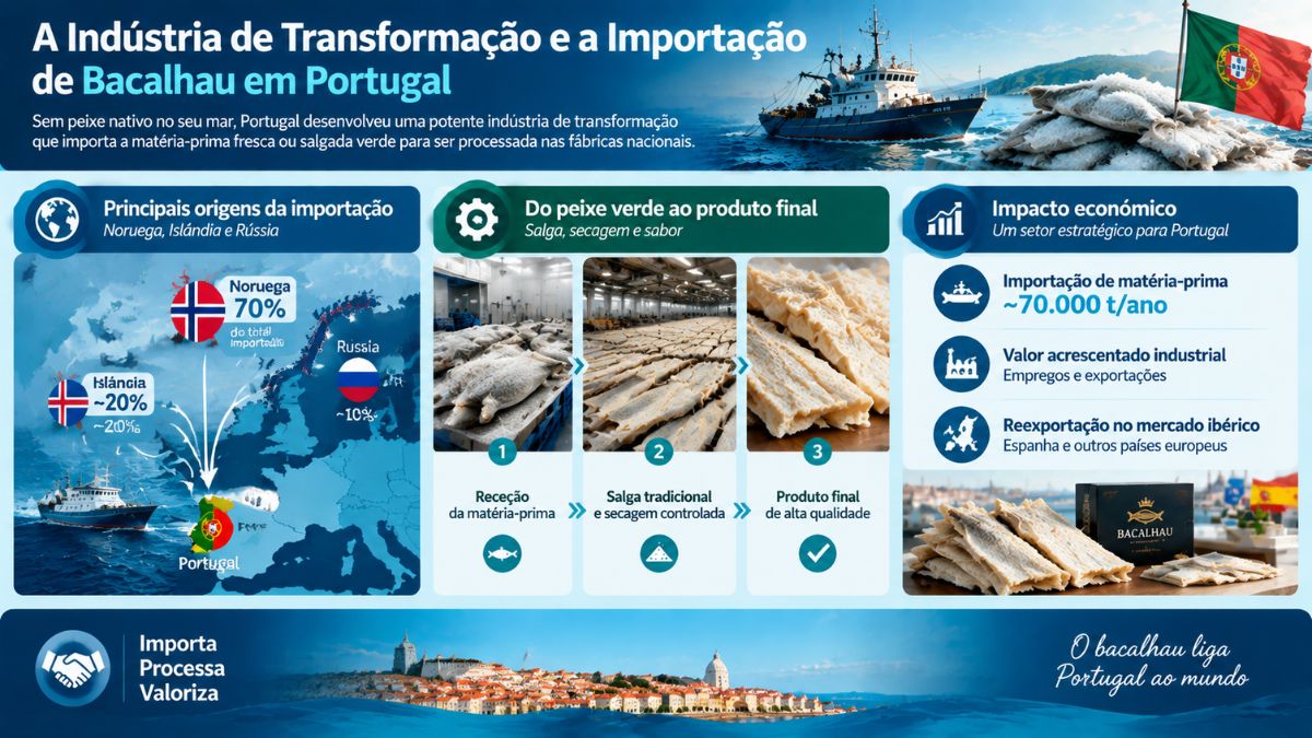 Infográfico sobre a indústria de transformação e importação de bacalhau em Portugal, destacando países fornecedores como a Noruega, o processo de salga e secagem e o impacto económico no mercado ibérico.