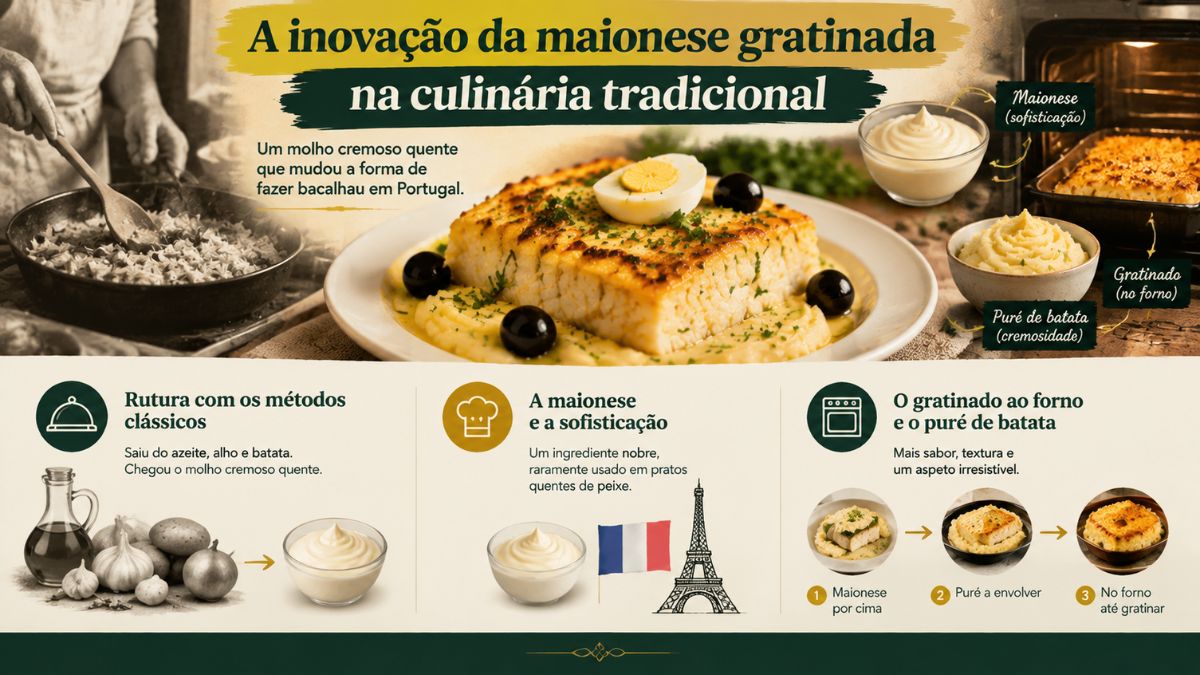 Infografia sobre a inovação da maionese gratinada no bacalhau à Zé do Pipo, mostrando os ingredientes, a sofisticação francesa e o processo no forno.