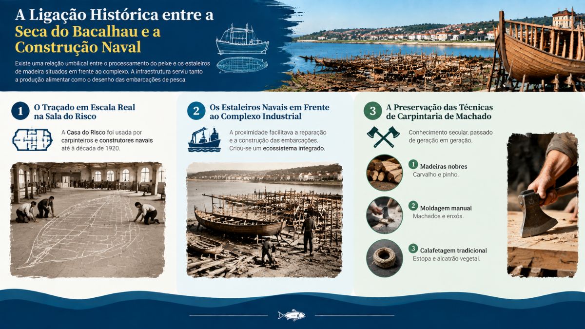 Infográfico histórico sobre a relação entre a seca do bacalhau, a Sala do Risco e os estaleiros navais em Vila do Conde.