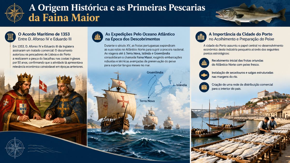 Infográfico sobre a história da pesca do bacalhau em Portugal, dividido em três colunas explicativas. A primeira coluna aborda o acordo marítimo de 1353 com ilustrações dos reis D. Afonso IV e Eduardo III. A segunda mostra caravelas no Atlântico Norte com mapa de rotas rumo à Terra Nova, Islândia e Groenlândia. A terceira detalha a importância da cidade do Porto na preparação do peixe com cena do cais histórico.