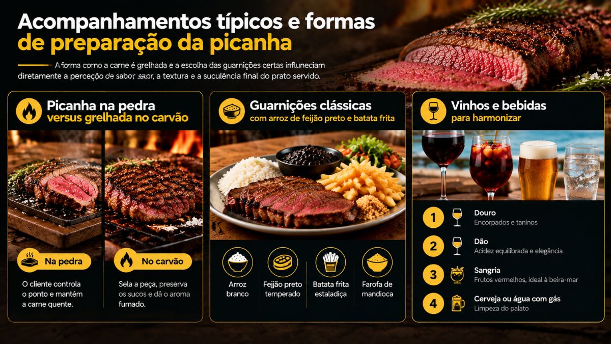 Infográfico explicativo sobre a preparação de picanha na pedra ou carvão, guarnições tradicionais e harmonizações com vinho e cerveja.