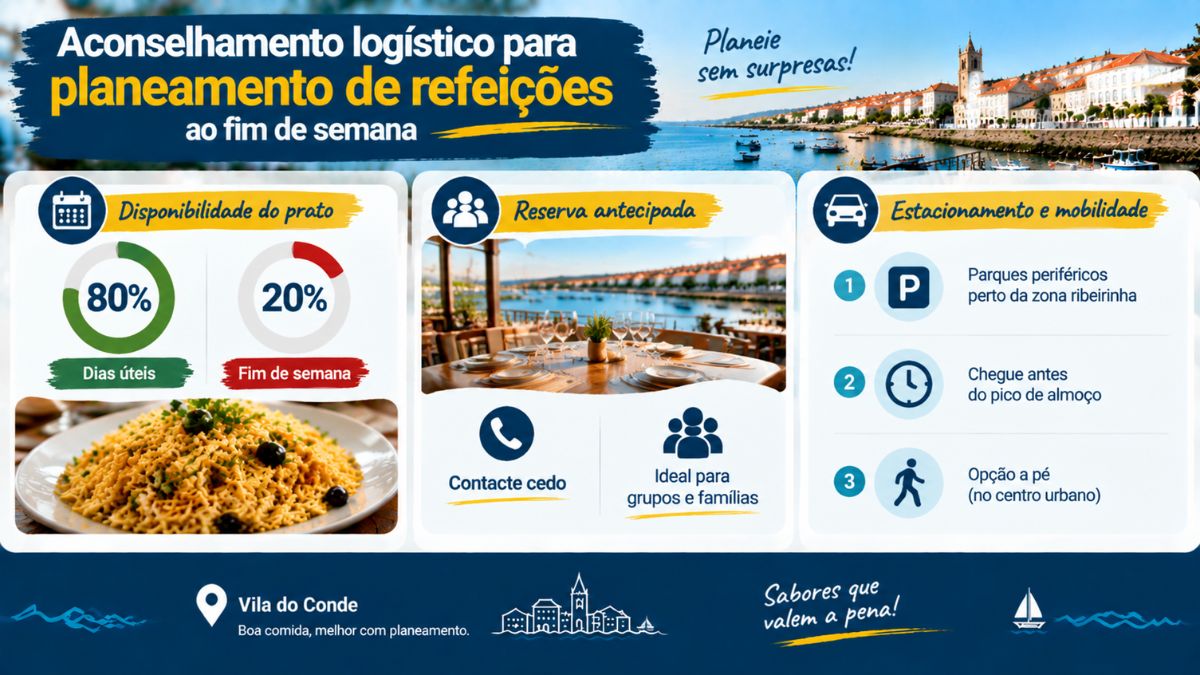 Infografia logística com dicas de reserva, disponibilidade de Bacalhau à Brás e estacionamento para refeições ao fim de semana em Vila do Conde.