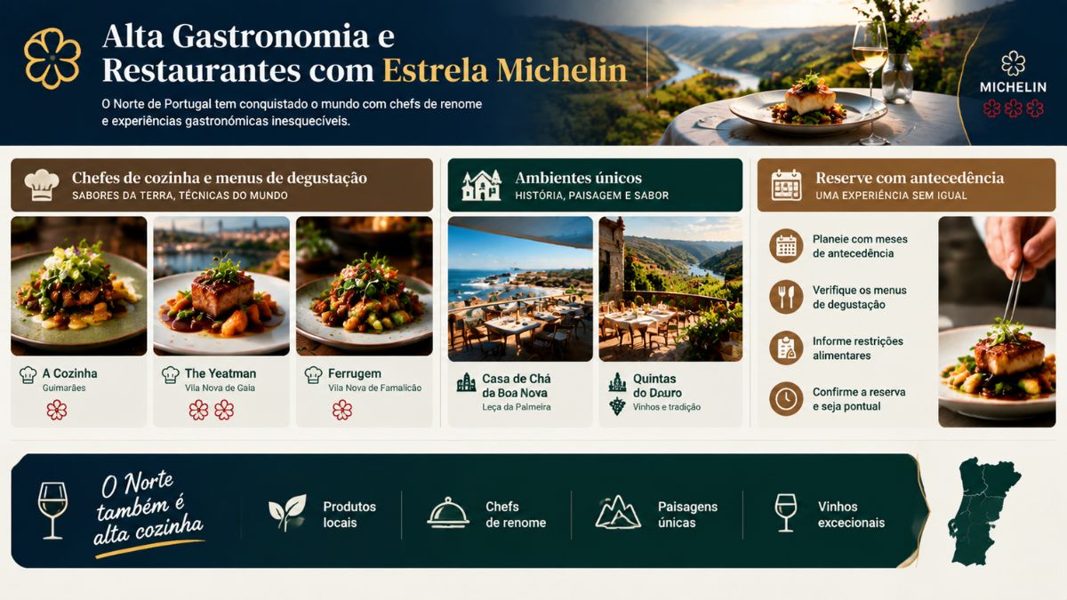 Infográfico de alta gastronomia e restaurantes Michelin no Norte de Portugal com referências aos espaços A Cozinha em Guimarães, The Yeatman em Vila Nova de Gaia, Ferrugem em Vila Nova de Famalicão e Casa de Chá da Boa Nova em Leça da Palmeira.