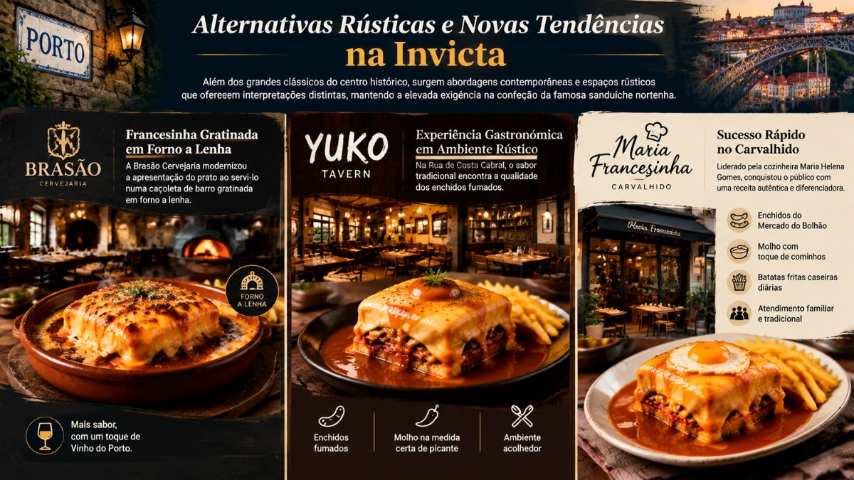 Infográfico com alternativas rústicas e novas tendências de francesinhas no Porto, apresentando a Brasão Cervejaria, a Yuko Tavern e o restaurante Maria Francesinha no Carvalhido.