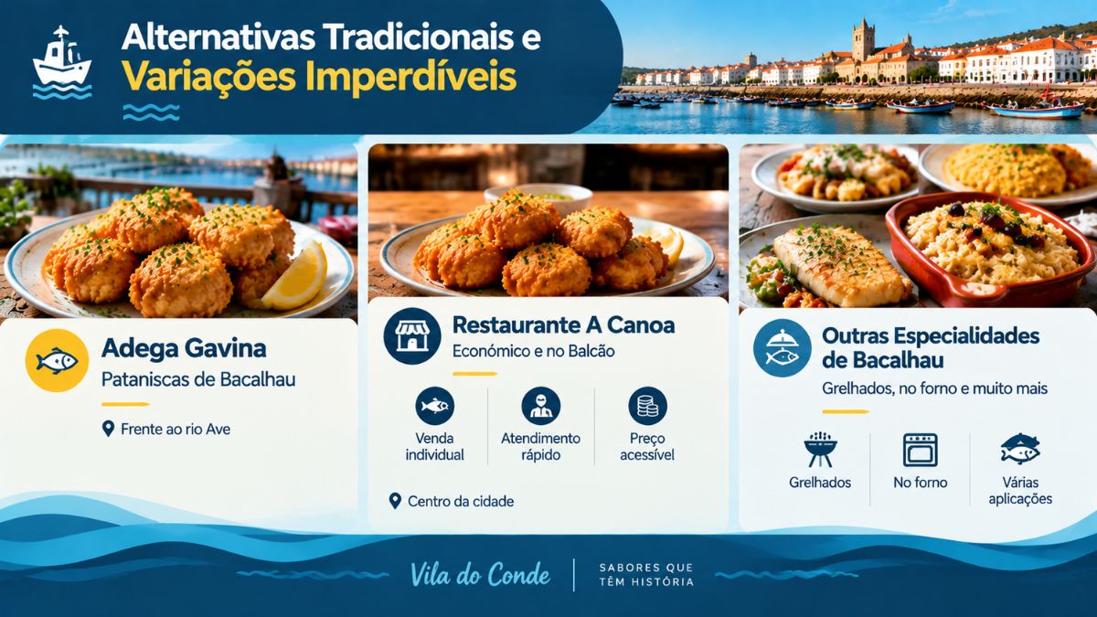 Infográfico com pataniscas da Adega Gavina, petiscos do Restaurante A Canoa e especialidades de bacalhau em Vila do Conde.