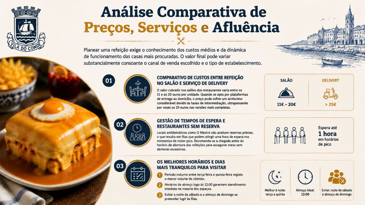 Infográfico informativo sobre comparação de preços tempos de espera e melhores horários para comer francesinha em salão ou delivery em Vila do Conde.
