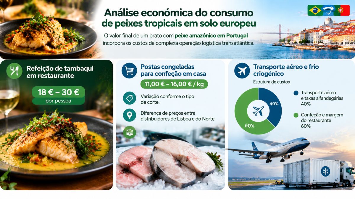 Infográfico com preços de refeições de tambaqui em restaurantes em Portugal, custos de postas congeladas e estrutura de custos logísticos.