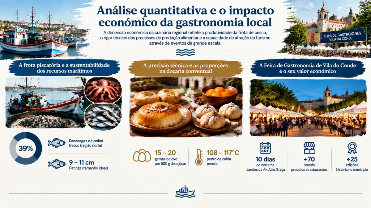 Infográfico da análise quantitativa da gastronomia de Vila do Conde com métricas da frota piscatória, proporções da doçaria conventual e dados da Feira de Gastronomia.