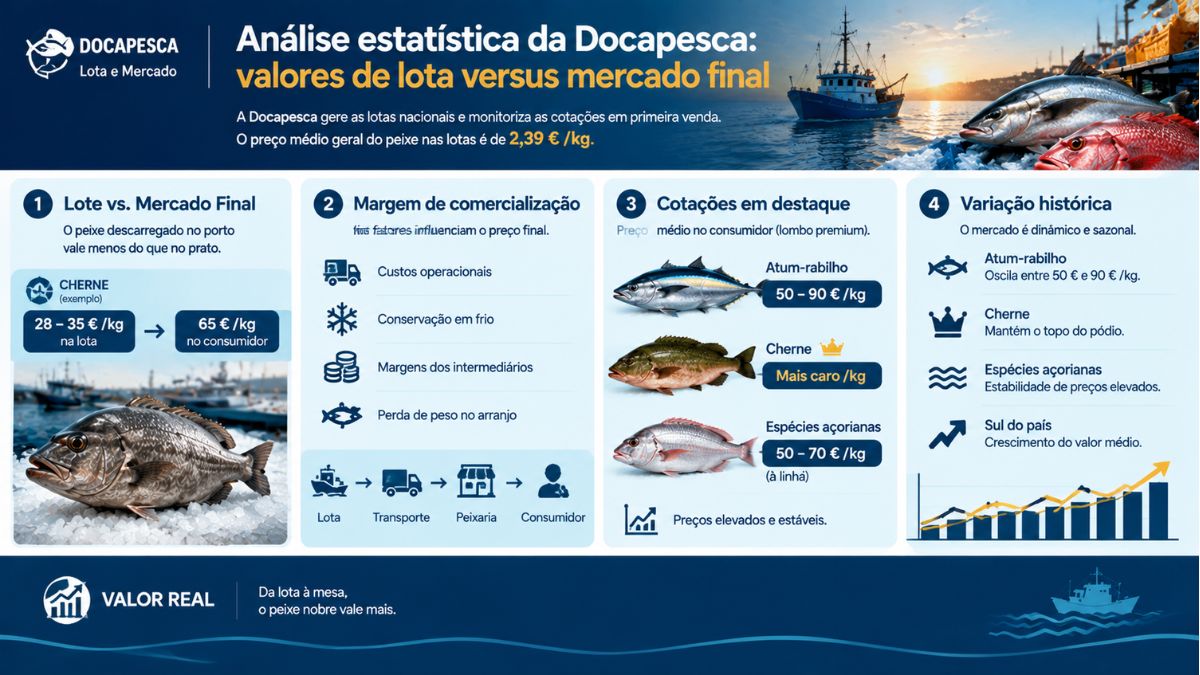 Infográfico da Docapesca comparando preços de lota e consumidor final com destaque para cherne, atum rabilho e espécies açorianas.