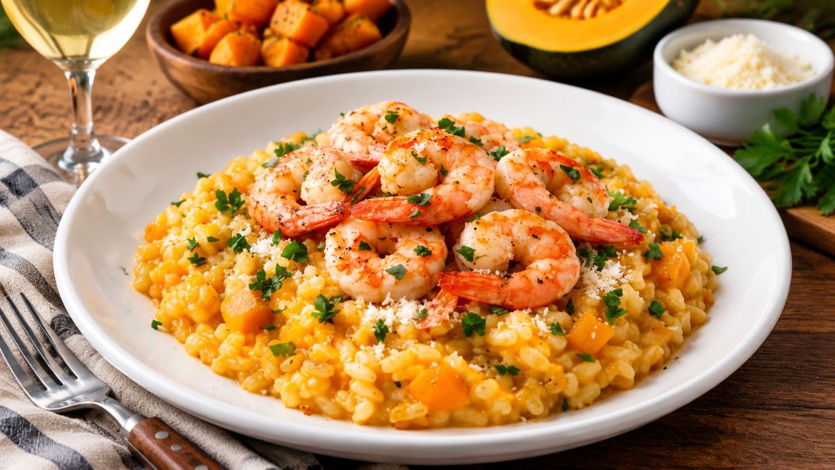 Prato fundo branco com arroz de camarão com abóbora cremoso, coberto por camarões grandes salteados, salsa picada e queijo ralado numa mesa de madeira rustica.