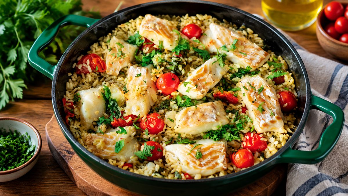 Tacho com arroz de bacalhau suculento misturado com espinafres frescos, tomates-cereja inteiros e lombo de bacalhau em lascas salpicado com coentros picados.