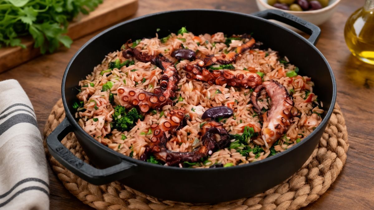 Uma panela de ferro preta cheia de arroz de polvo malandrinho, com grandes tentáculos de polvo cozidos e cortados, azeitonas pretas, salsa e legumes misturados. A panela está sobre uma base de palha numa mesa de madeira rústica, com uma tábua de azeitonas e ervas ao fundo.