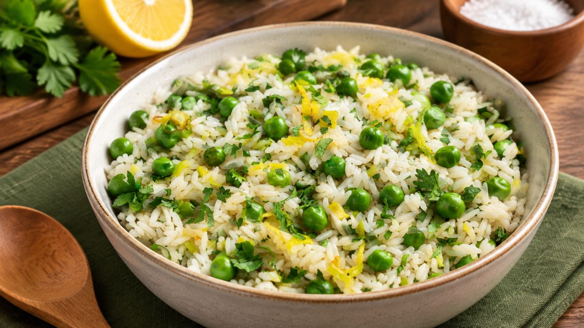 Uma taça de cerâmica rústica cheia de arroz agulha solto misturado com ervilhas verdes brilhantes alho-francês salteado coentros picados e raspas de limão. O arroz está sobre um guardanapo de linho verde com uma colher de madeira limão fresco ervas e sal ao fundo numa mesa de madeira.