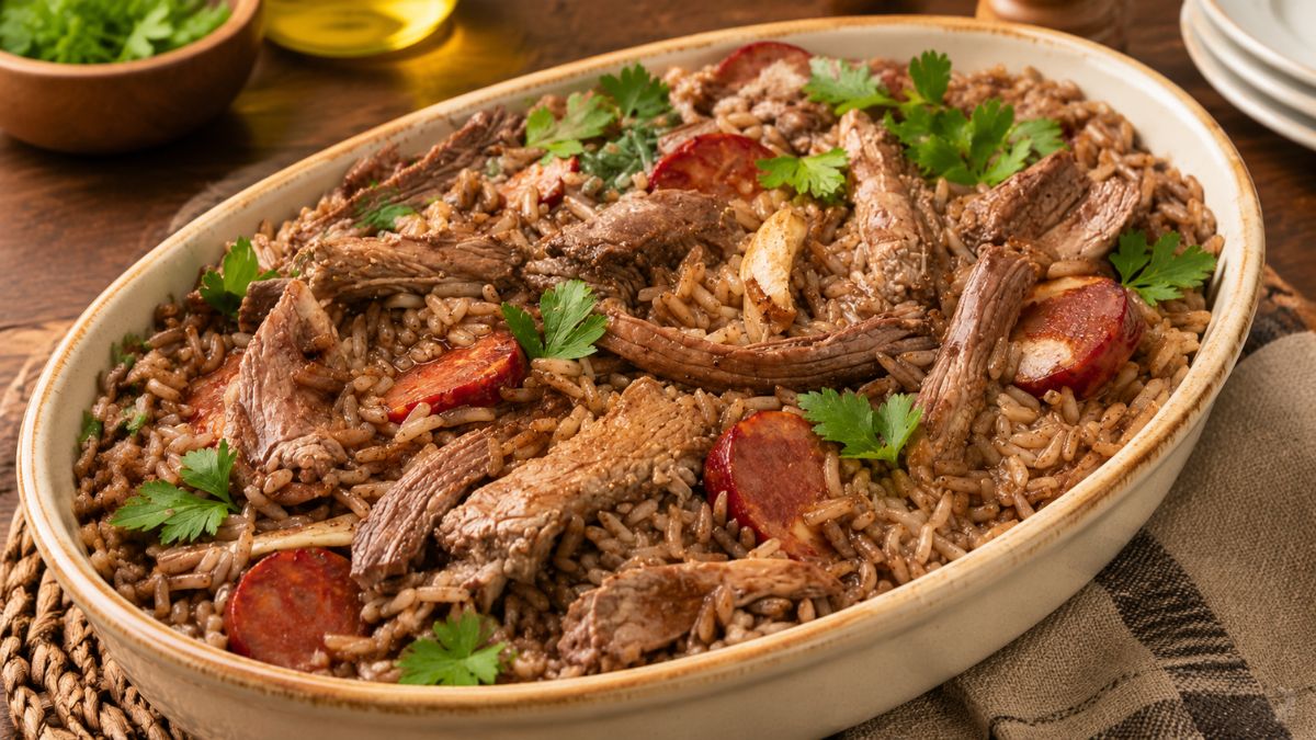 Arroz de sarrabulho tradicional servido numa travessa de cerâmica com carnes desfiadas, rodelas de chouriço e coentros frescos.