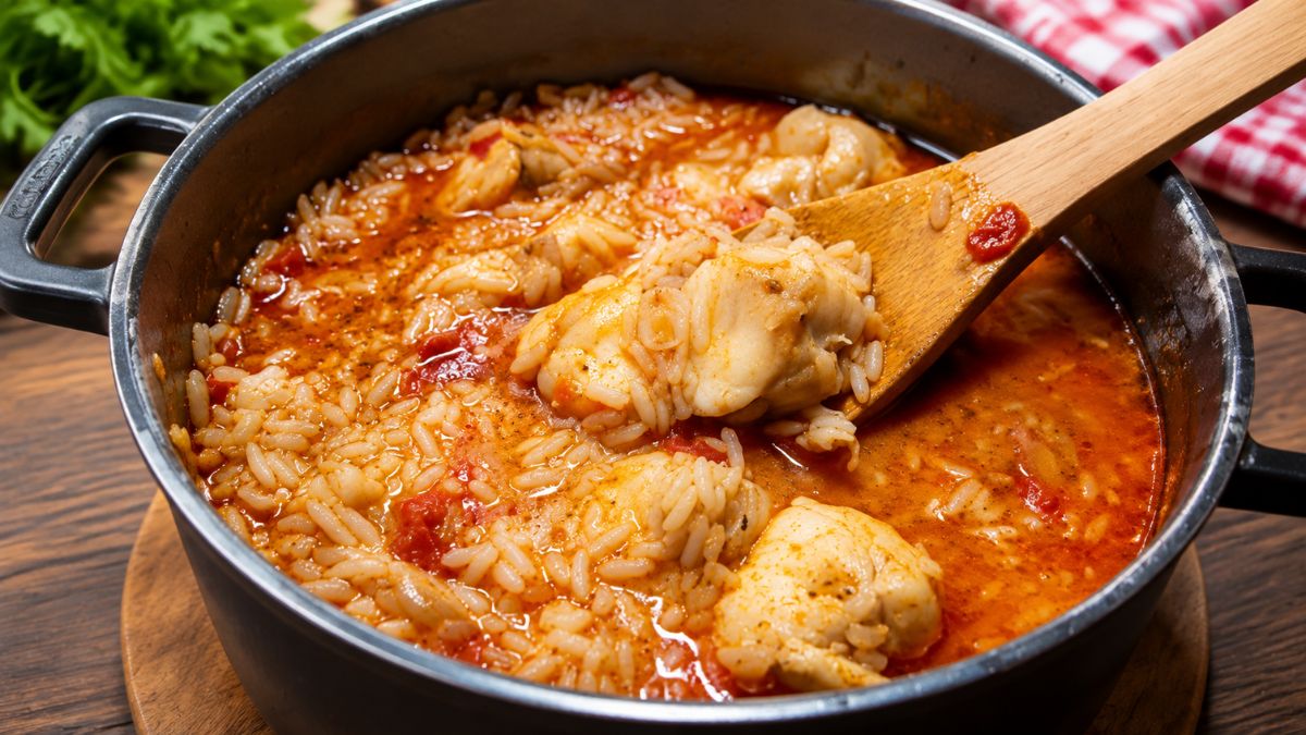 Um tacho de ferro fundido preto no centro da imagem cheio de um rico e caldoso arroz de tamboril e camarão. Uma colher de madeira mergulhada no arroz levanta um bago de arroz com pedaços de peixe e marisco misturados no molho de tomate. Coentros frescos e um pano de cozinha xadrez vermelho e branco são visíveis no fundo desfocado, tudo sobre uma mesa de madeira rústica.