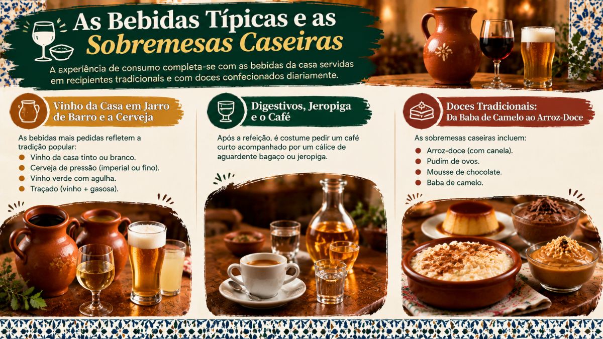 Infográfico sobre bebidas típicas e sobremesas caseiras nas tascas portuguesas, incluindo vinho em jarro de barro, cerveja, digestivos, café e doces tradicionais.