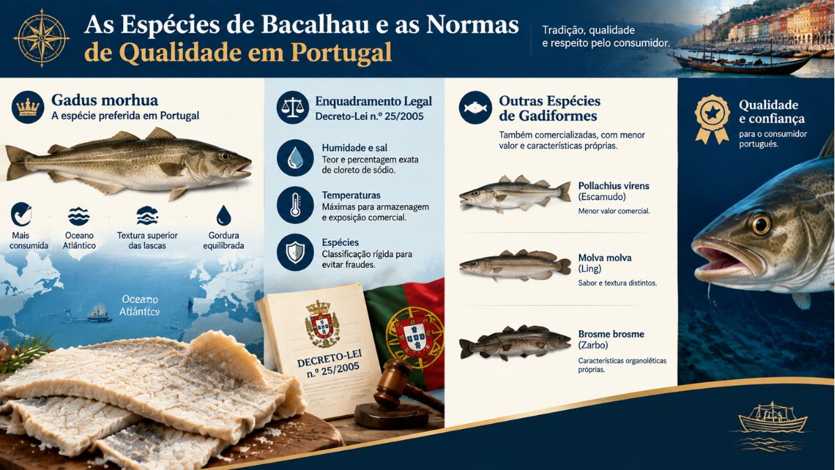 Infográfico sobre as espécies de bacalhau e as normas de qualidade em Portugal. A primeira coluna destaca a espécie Gadus morhua, com características como habitat no Oceano Atlântico e textura das lascas, exibindo lombo salgado e um peixe inteiro. A segunda coluna detalha o Decreto-Lei número 25 de 2005 sobre teor de humidade, sal e temperaturas de armazenagem. A terceira coluna apresenta outras espécies de Gadiformes comercializadas, tais como Pollachius virens, Molva molva e Brosme brosme.