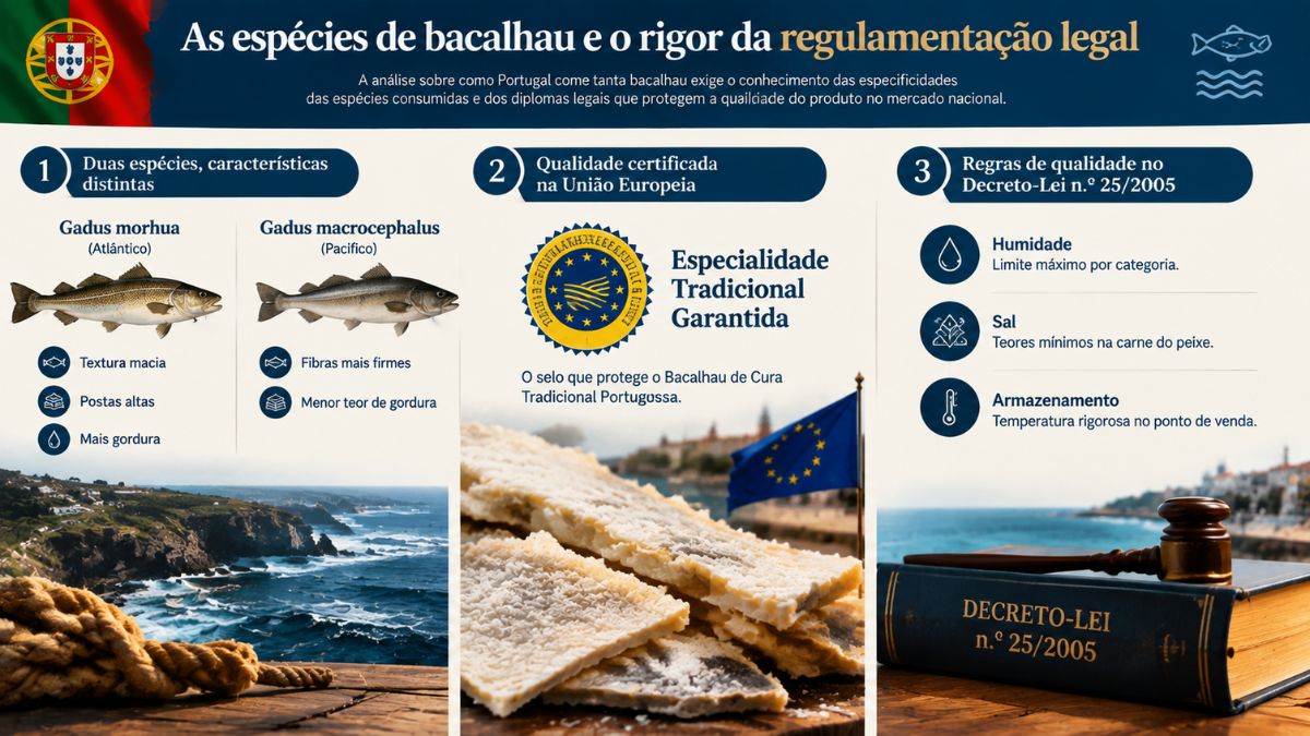 Infográfico explicativo sobre as espécies Gadus morhua e Gadus macrocephalus, o selo de Especialidade Tradicional Garantida e a legislação do Decreto-Lei n.º 25/2005.