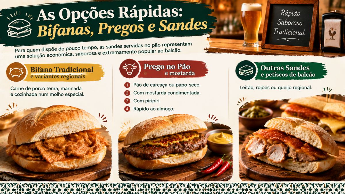 Infográfico sobre opções rápidas nas tascas portuguesas mostrando bifana tradicional, prego no pão com mostarda e sandes de leitão ou rojões.