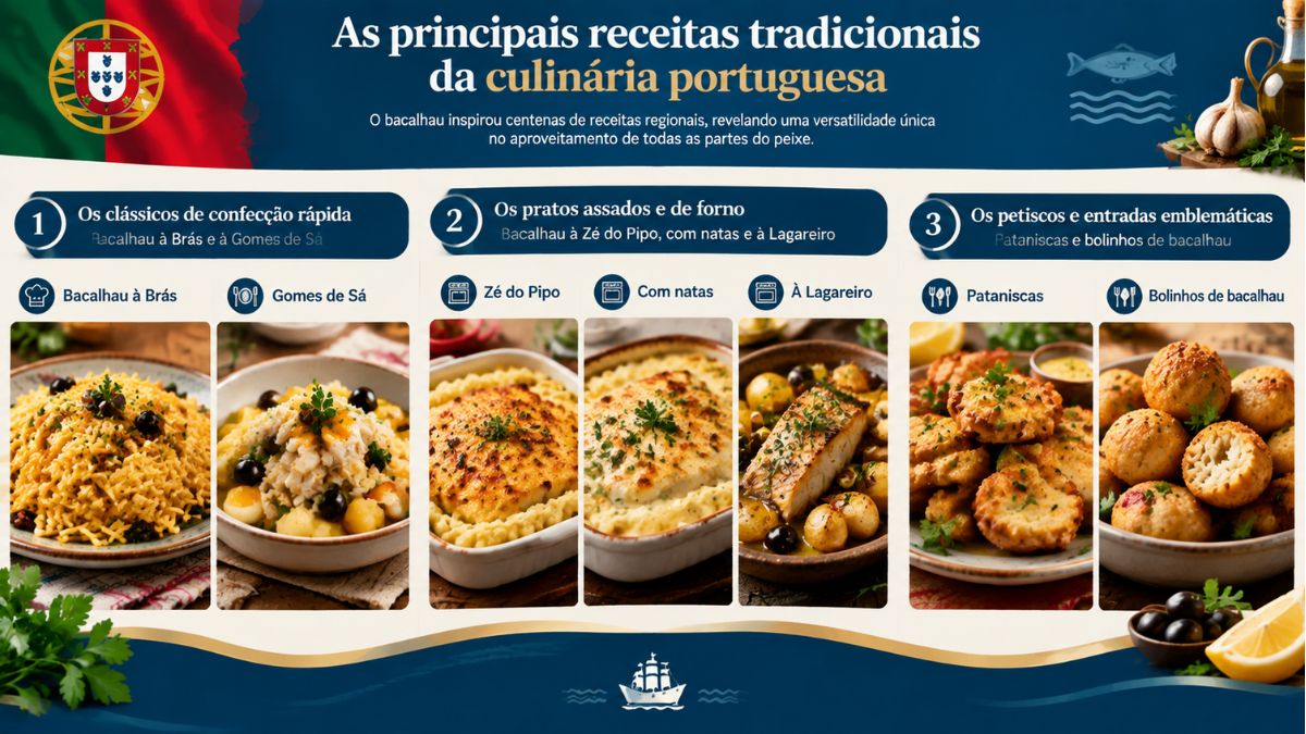 Infográfico sobre as principais receitas tradicionais de bacalhau em Portugal, apresentando pratos clássicos, assados de forno e petiscos fritos emblemáticos.