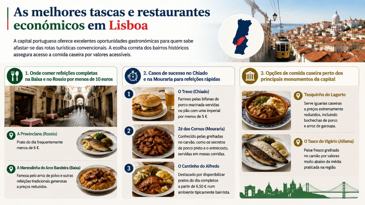 Infográfico com as melhores tascas e restaurantes económicos em Lisboa destacando opções na Baixa, Rossio, Chiado, Mouraria, Alfama e perto dos monumentos.