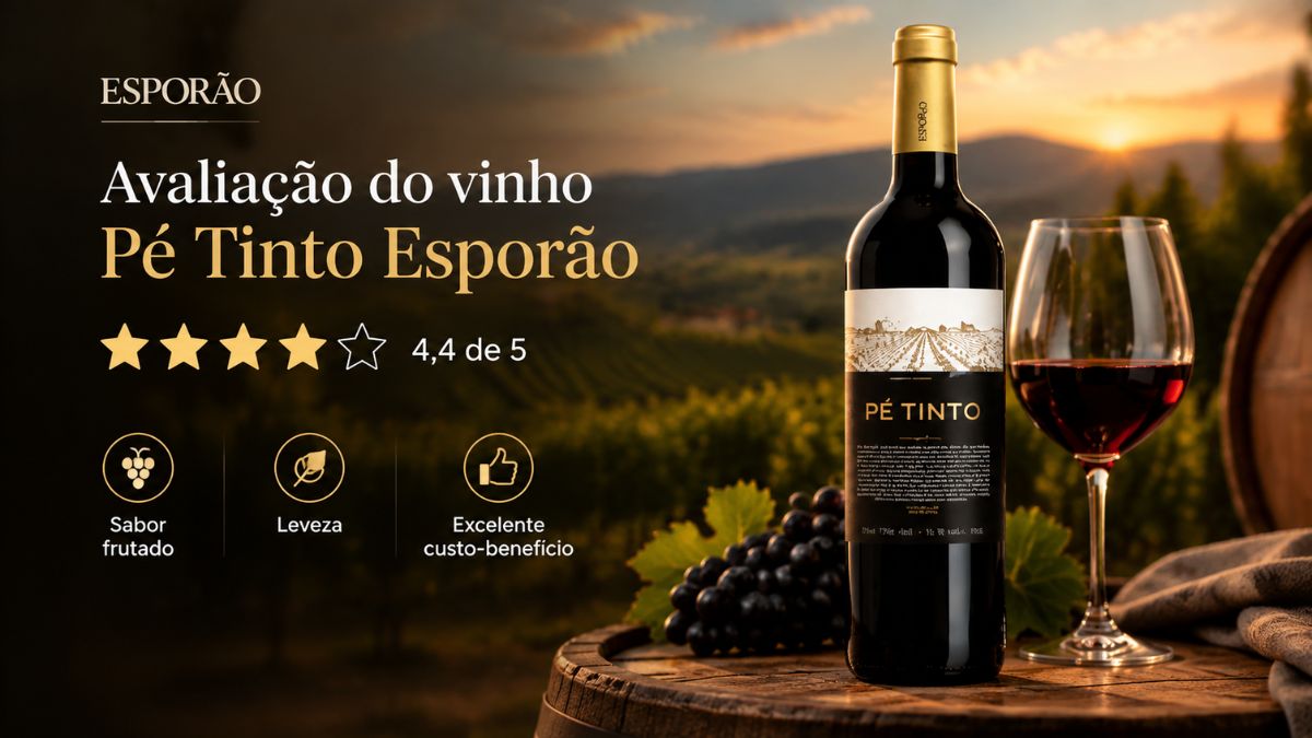 Infográfico de avaliação do vinho Pé Tinto Esporão 750ml com quatro estrelas douradas, garrafa, taça e ícones de sabor frutado, leveza e excelente custo benefício sobre um barril em um vinhedo ao pôr do sol.