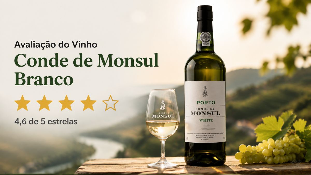 Avaliação do vinho Conde de Monsul Branco exibindo garrafa, taça cheia e pontuação de 4,6 de 5 estrelas.