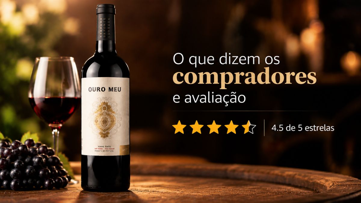 Garrafa de vinho tinto Ouro Meu ao lado de uma taça e uvas com texto sobre avaliação de compradores e nota 4.5 de 5 estrelas.